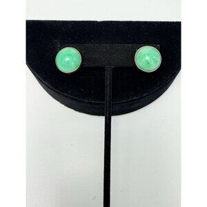 Vintage Sterling Silver Green Jade Cabochon Screwback Earrings Mid Century